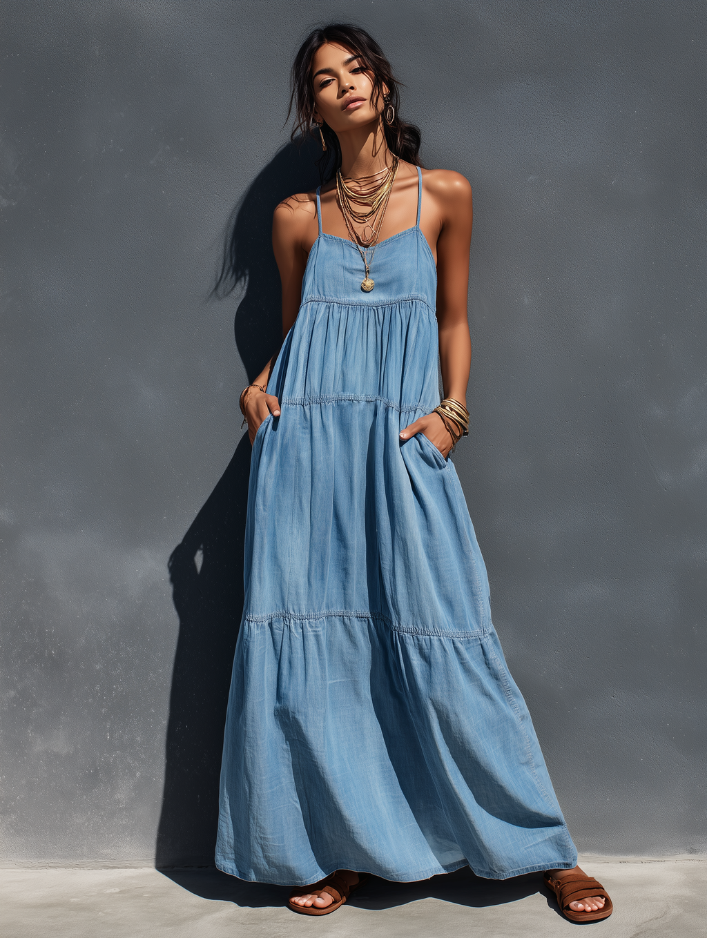 Women's Denim Maxi Dress – Stretch Loose-Fit Suspender Dress