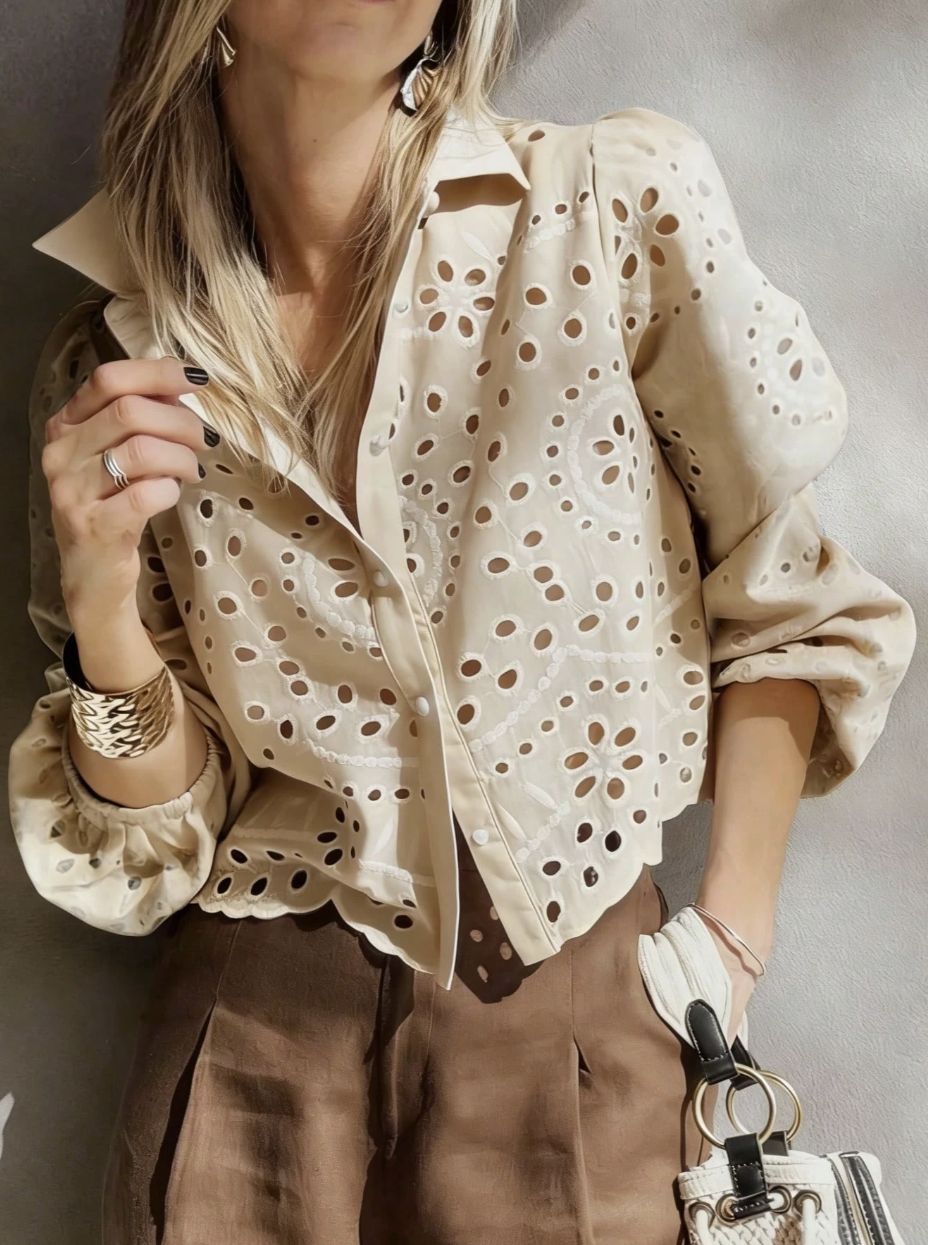 Women's Embroidered Short Shirt - Relaxed Hollow-Out Casual Blouse