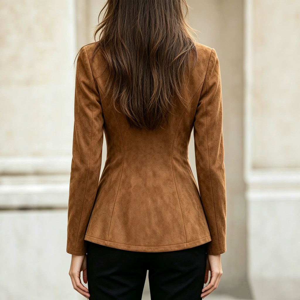 Women’s Faux Suede Lapel Coat – Elegant Long Sleeve Outerwear