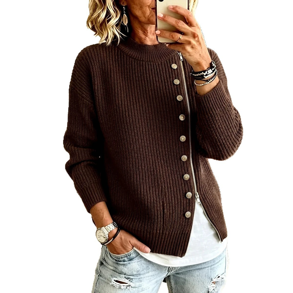 Women’s Asymmetrical Zip Ribbed Sweater – Modern Casual Knit