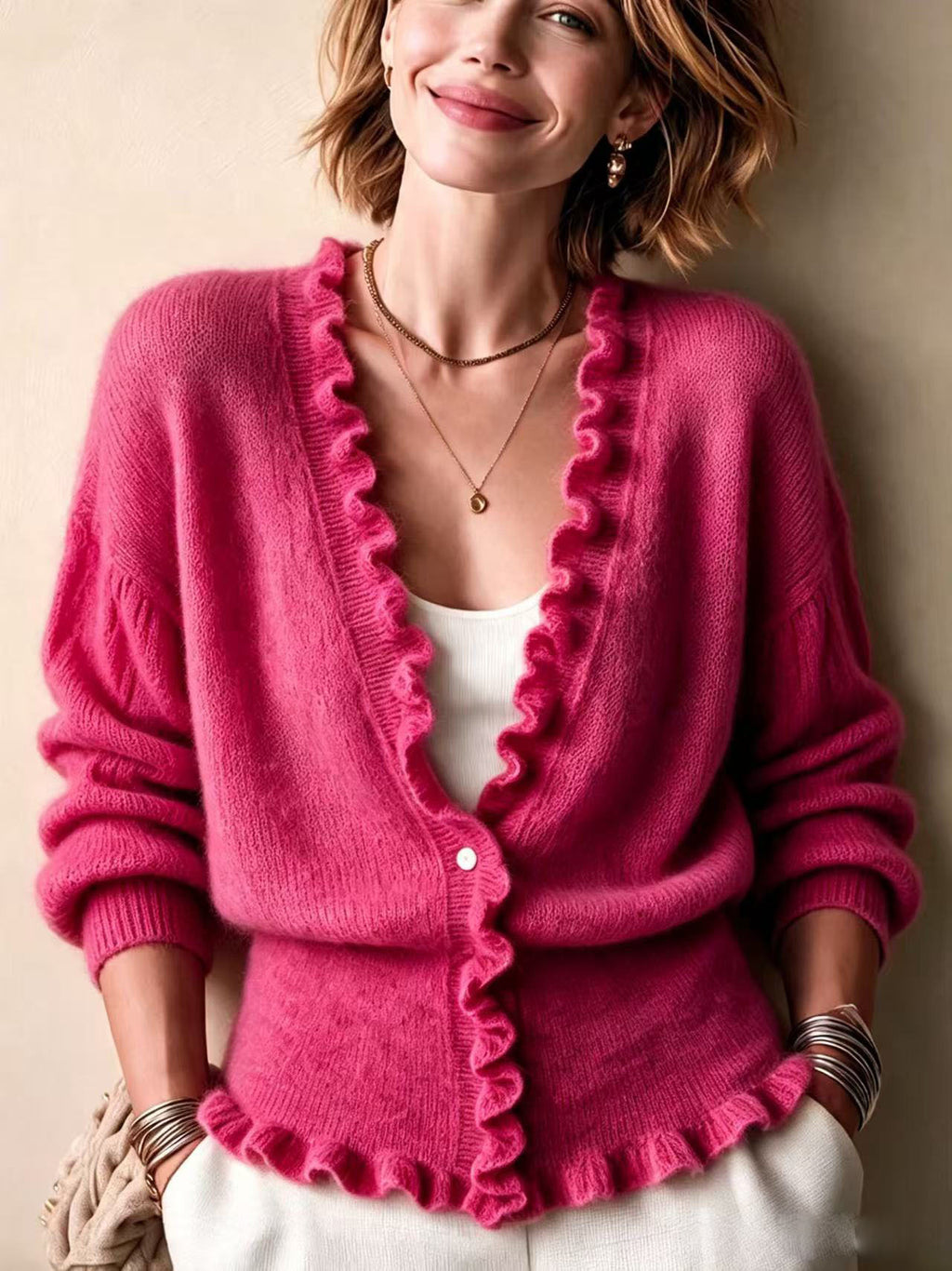 V-Neck Ruffle Hem Cardigan - Soft and Feminine