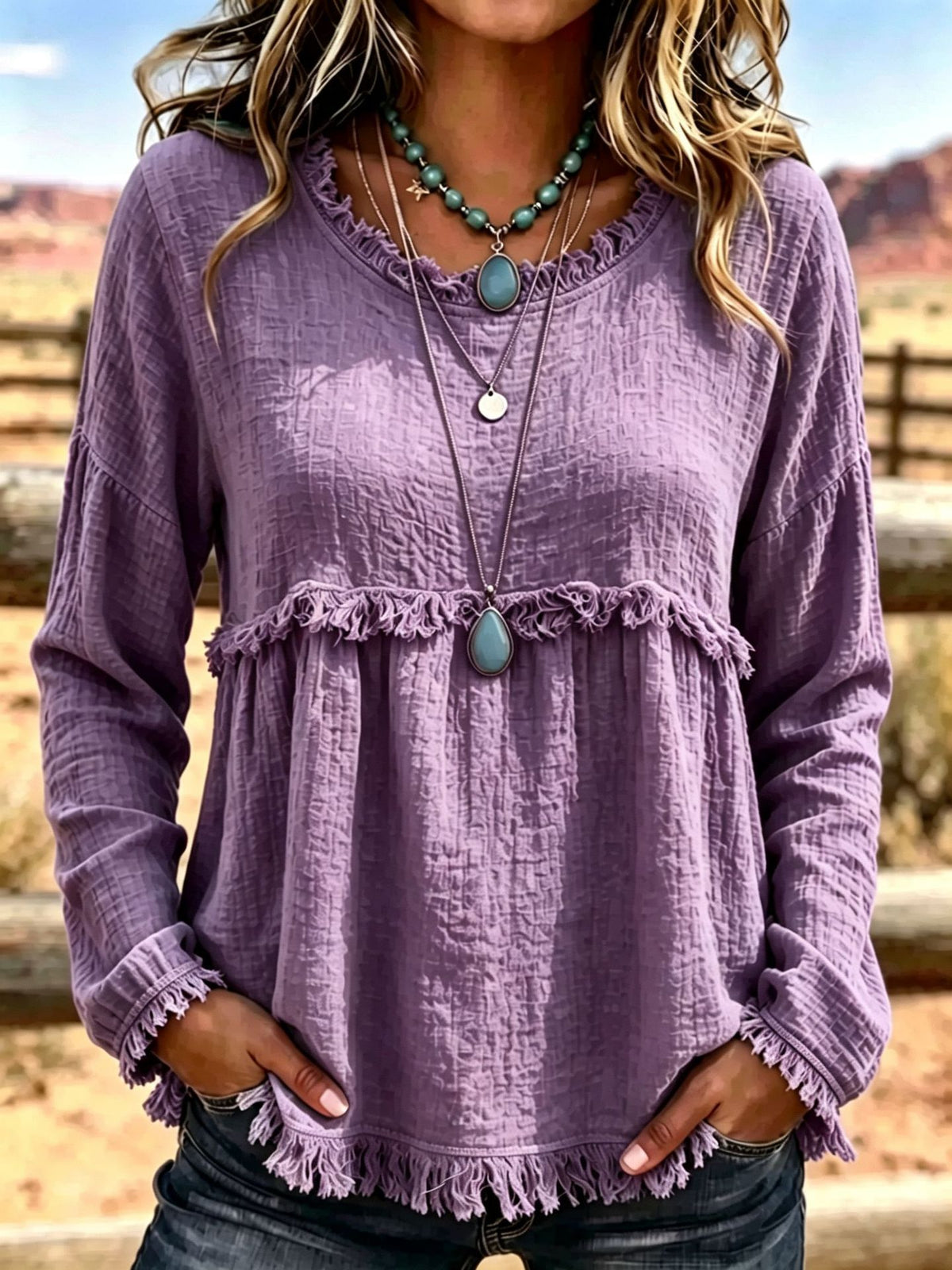 Women’s Vintage Tassel Crew Neck Top – Chic Long Sleeve Casual Style