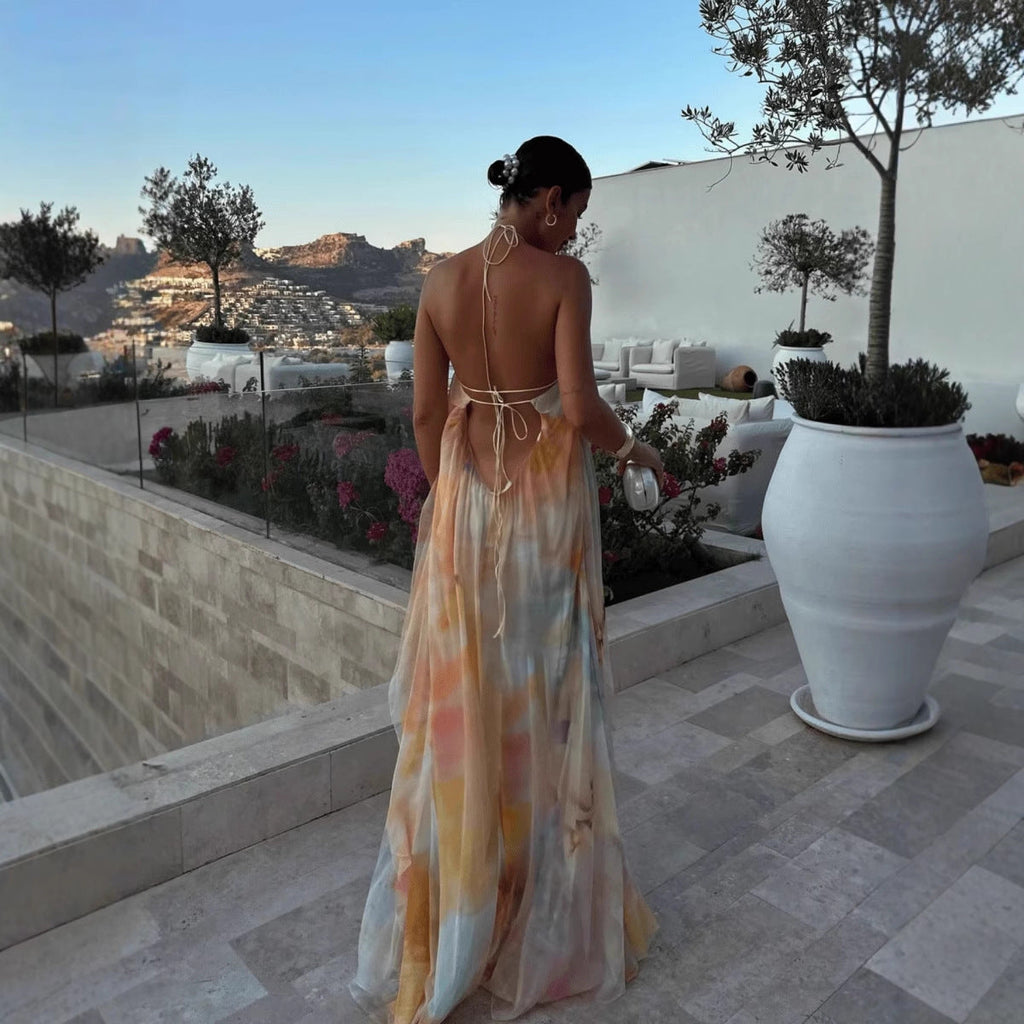 Women's Halter Backless Printed Maxi Dress – Flowy Summer Statement Dr – Soft&Sleepy