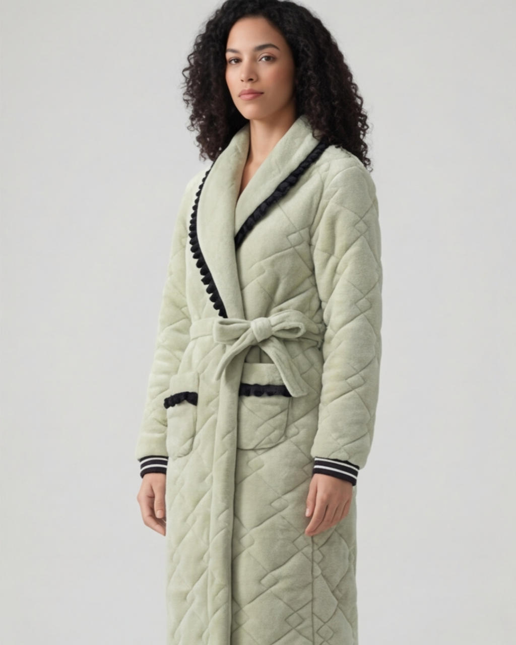 Women’s Winter Thick Quilted Bathrobe – Mid-Length Coral Fleece Pajama Robe