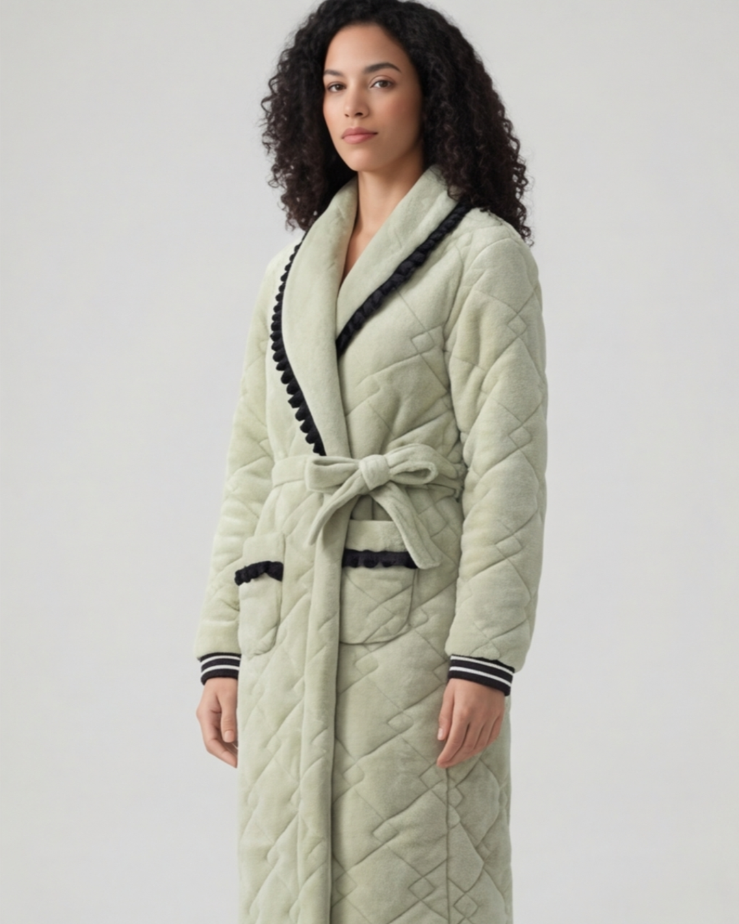 Women’s Winter Thick Quilted Bathrobe – Mid-Length Coral Fleece Pajama Robe