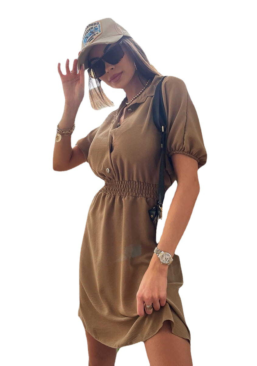 Women's Tailored Collar Midi Dress - Button Front Waist-Defined Style