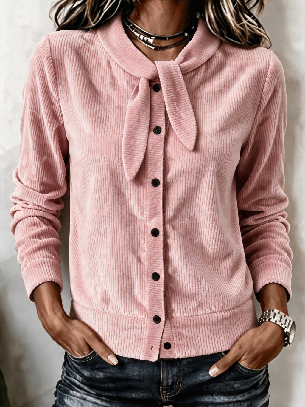 Women's Button Detail Bow Knit Sweater - Soft Feminine Layer