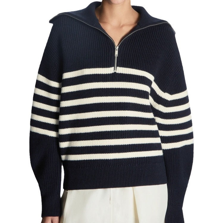 Women’s Half-Zip Striped Sweater – Long Sleeve Cozy Casual Autumn Winter Style