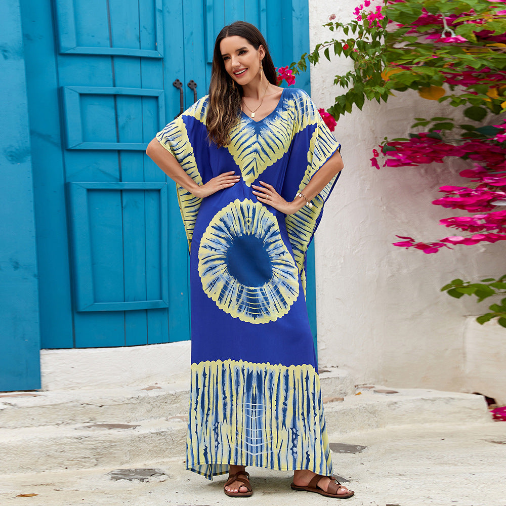 Women's Printed V-Neck Maxi Holiday Dress - Relaxed One Size Daywear
