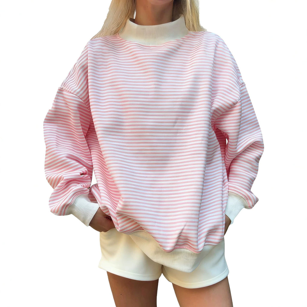 Women's Striped Crew Neck Sweater - Casual Relaxed Long Sleeve Knit