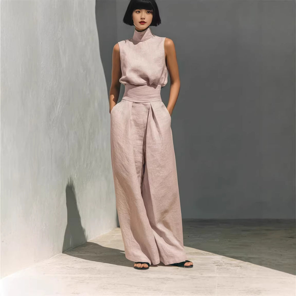 Women’s Sleeveless Two-Piece Set – Stand Collar Top & Straight-Leg Trousers Summer Casual Style