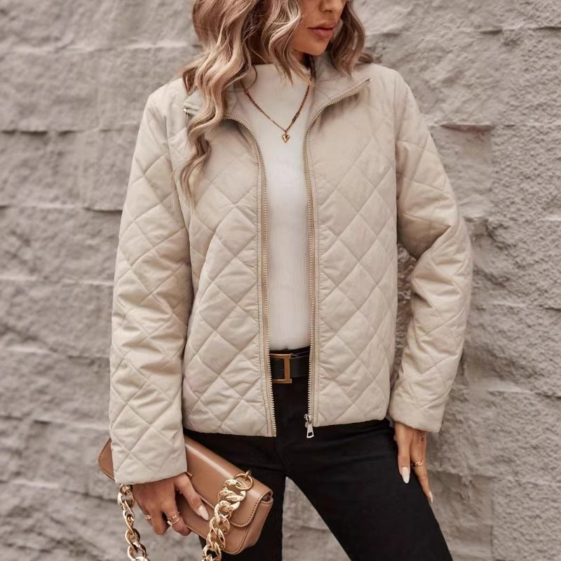 Women’s Diamond Pattern Long Sleeve Coat – Solid Color Lapel Relaxed Fit Style