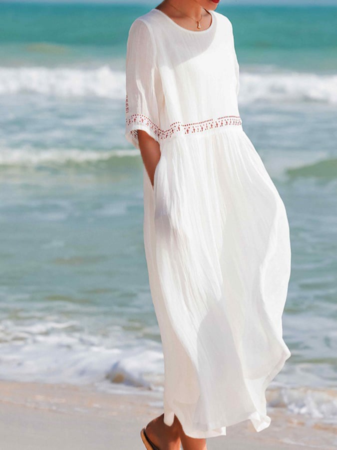 Women’s Embroidered Linen Maxi Dress – Casual White Summer Beachwear