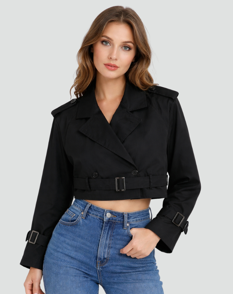 Women's Short Cotton Trench Coat - Classic Regular Fit Everyday Outerwear