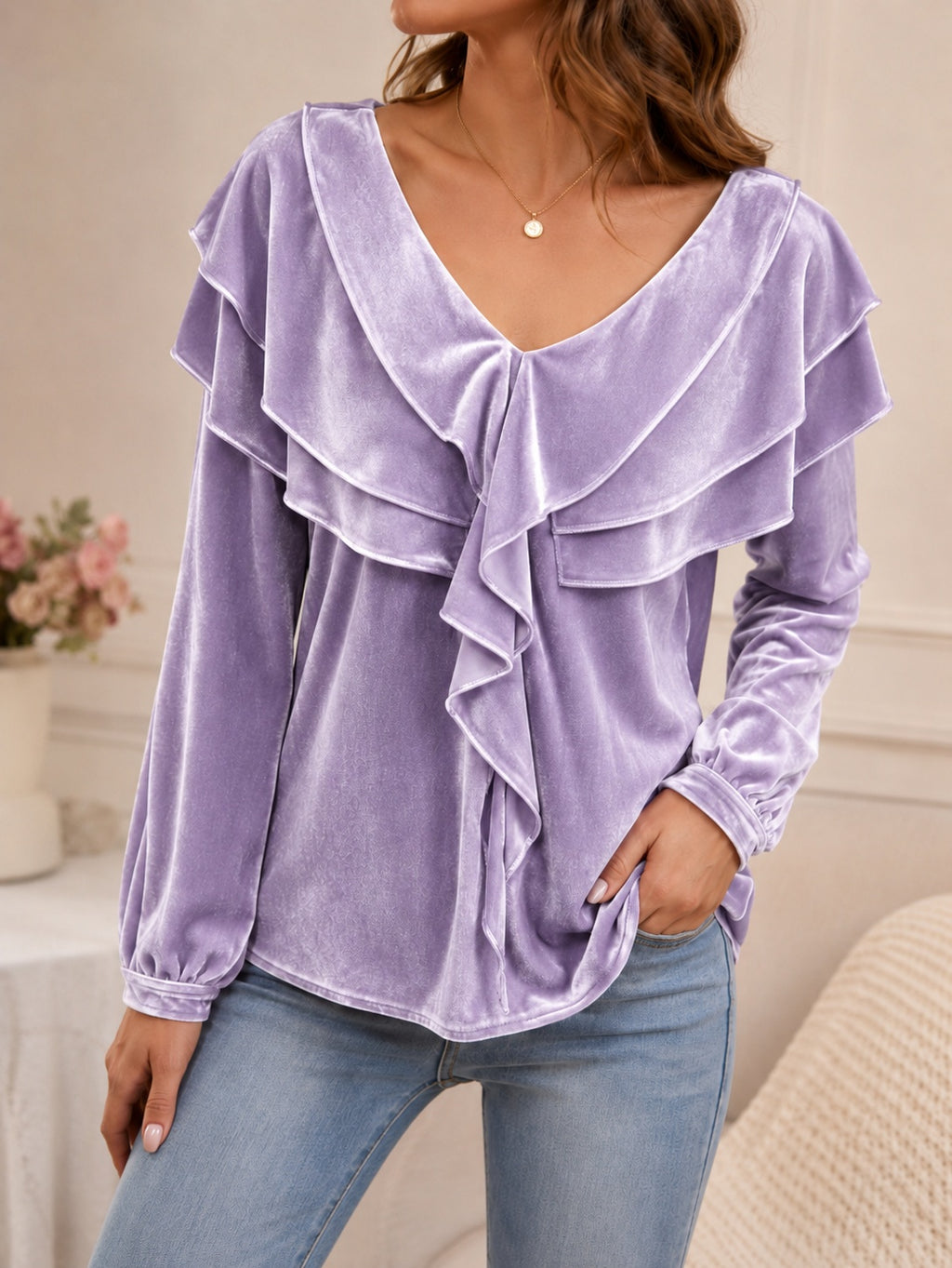 Women’s Velvet V-Neck Ruffled Top – Elegant Chic Feminine Style
