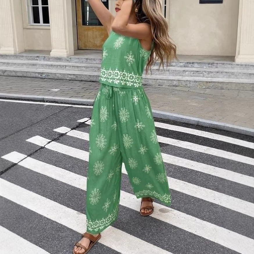 Women’s Printed Sleeveless Crew-Neck Tank Top and Pants Set – Casual Two-Piece Outfit