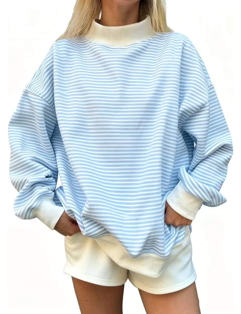 Women's Striped Crew Neck Sweater - Casual Relaxed Long Sleeve Knit