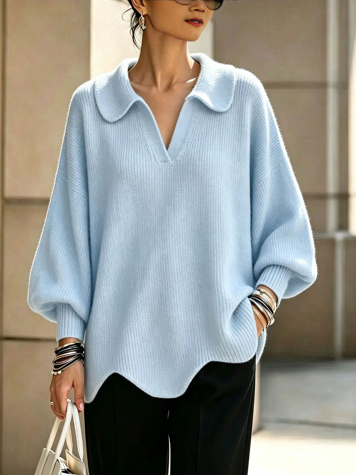 Women’s V-Neck Lantern Sleeve Sweater – Relaxed Feminine Knit