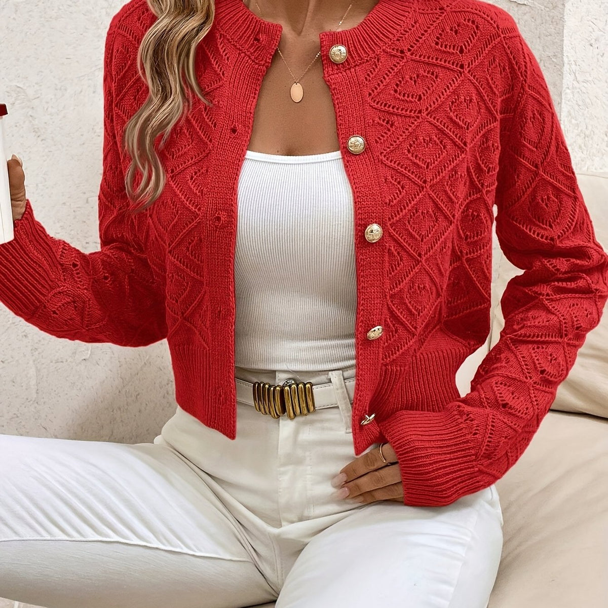 Buttoned Openwork Cardigan - Elegant and Light