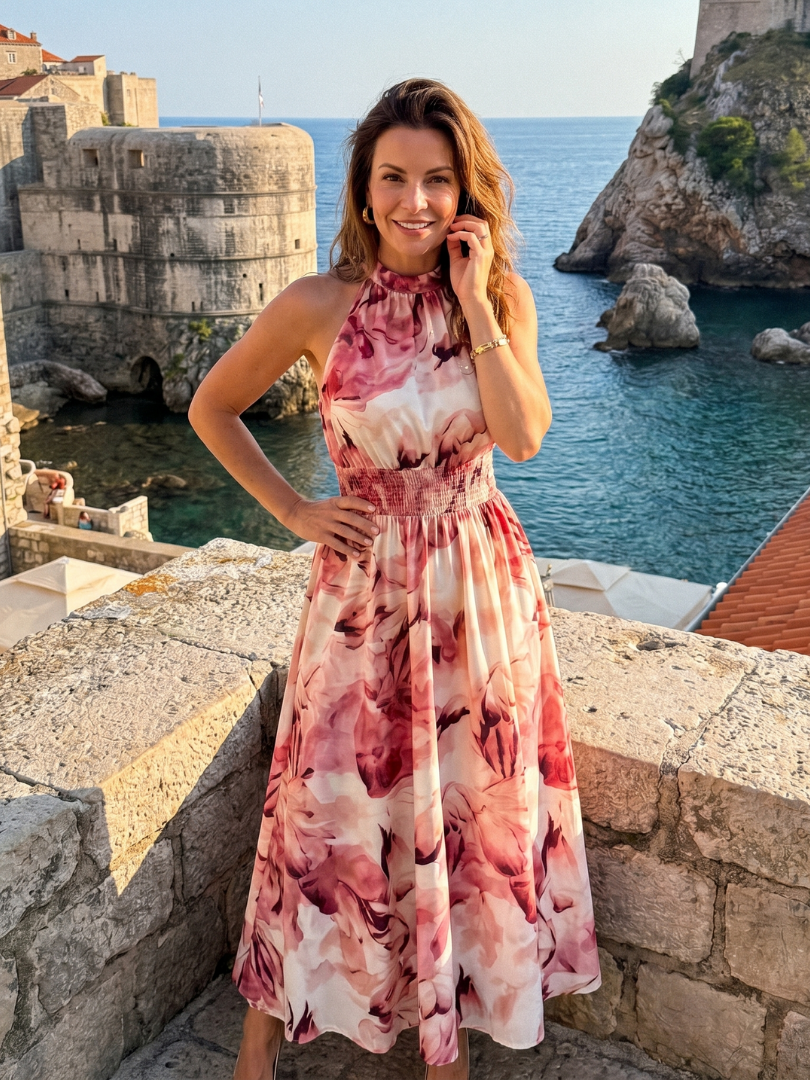 Women's Gathered Waist Abstract Print Midi Dress - Easy Polished Day Style