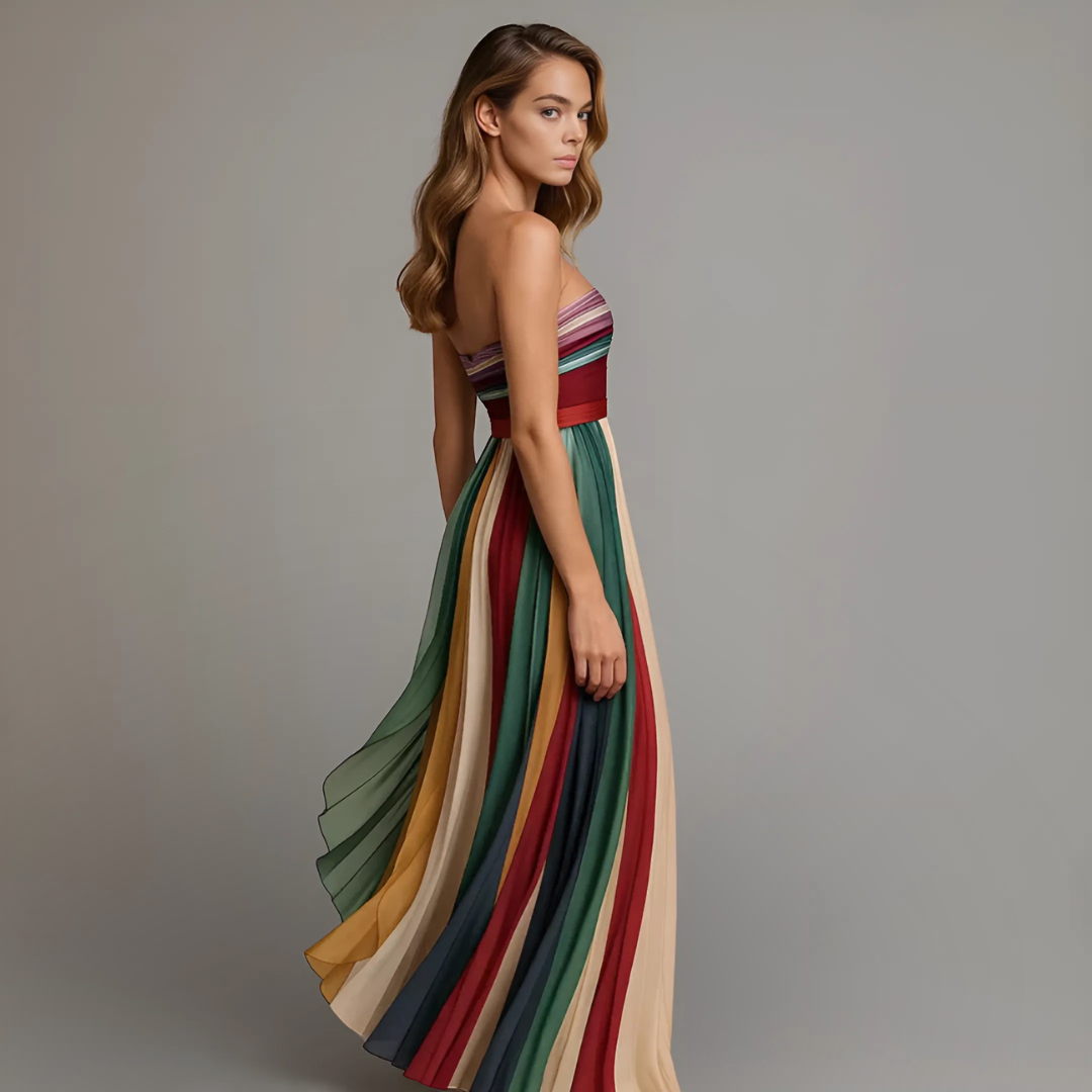Women's Pleated Strapless Maxi Dress - Panelled Flowing Evening Dress