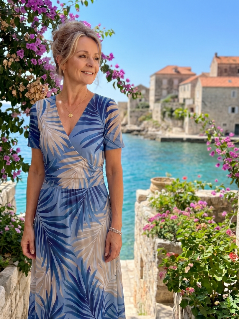 Women's Floral V-Neck Midi Dress – Short Sleeve Soft Summer Style