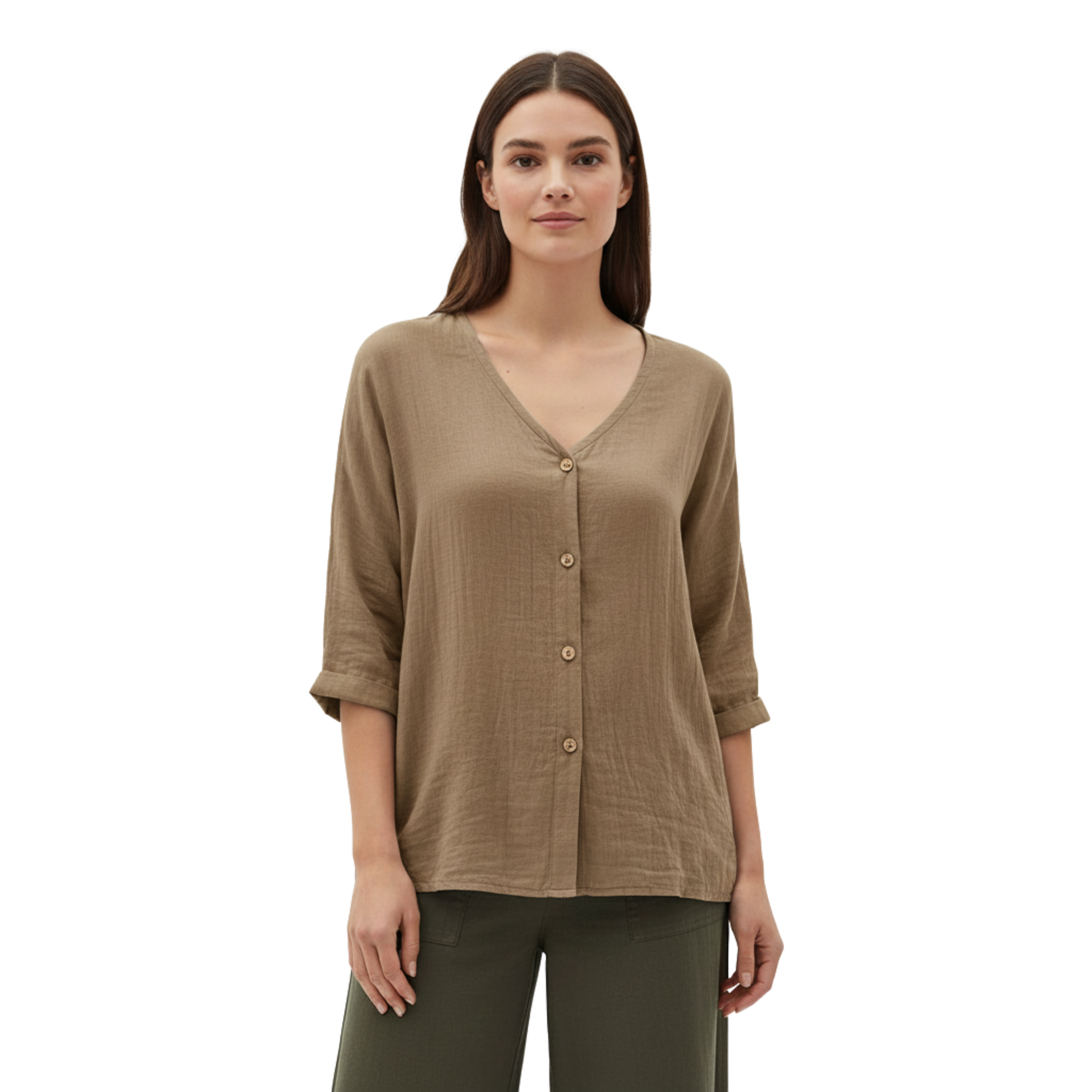 Women's V Neck Button Blouse – Linen Cotton 3/4 Sleeve Top