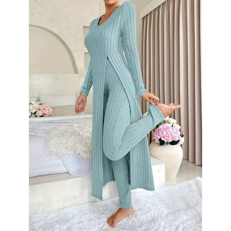 Women’s Ribbed Two-Piece Set – Split-Hem Longline Top and Wide-Leg Matching Pants