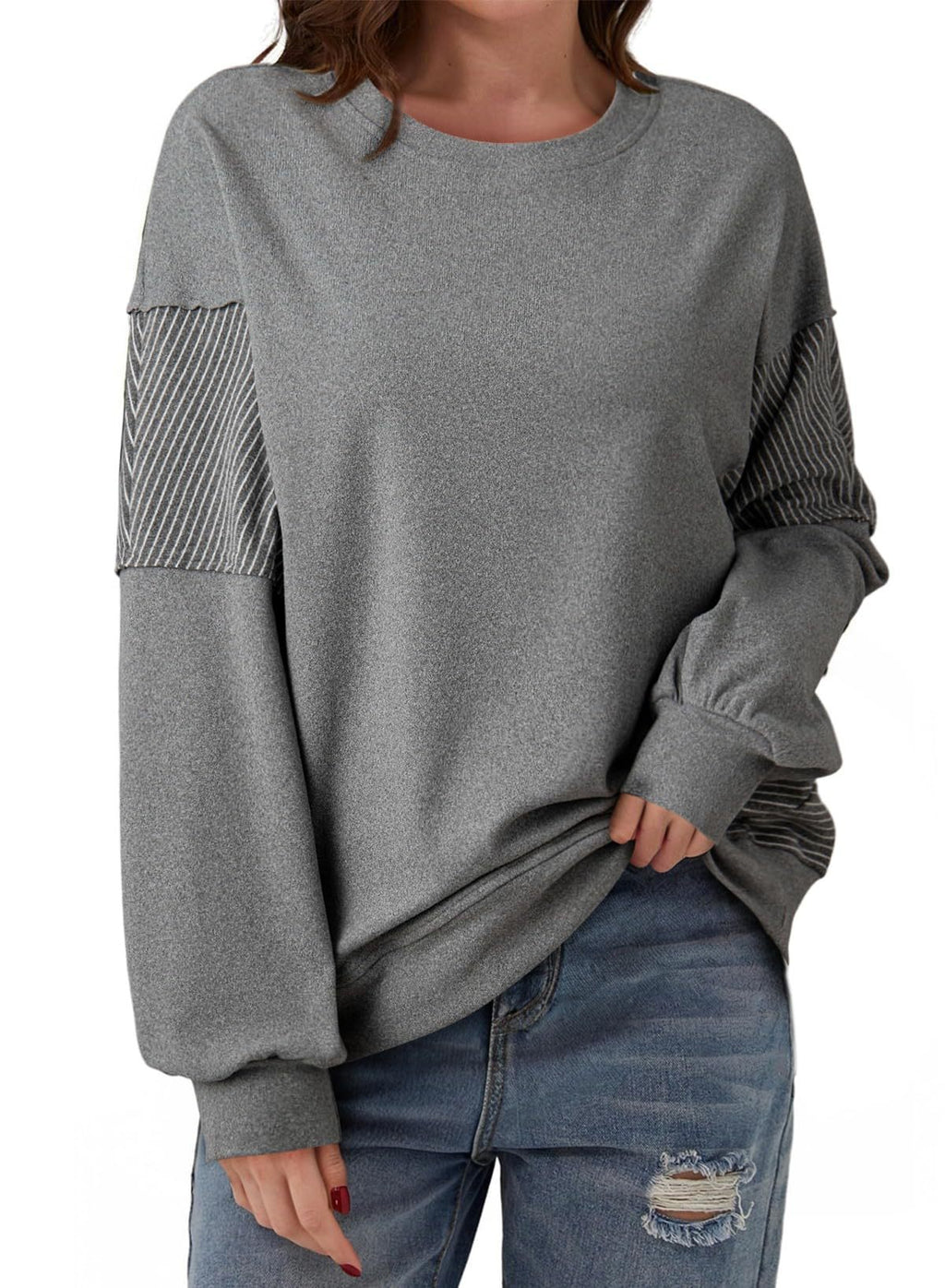 Women’s Color-Blocked Striped Sweatshirt – Casual Crew-Neck Long-Sleeve Sweater