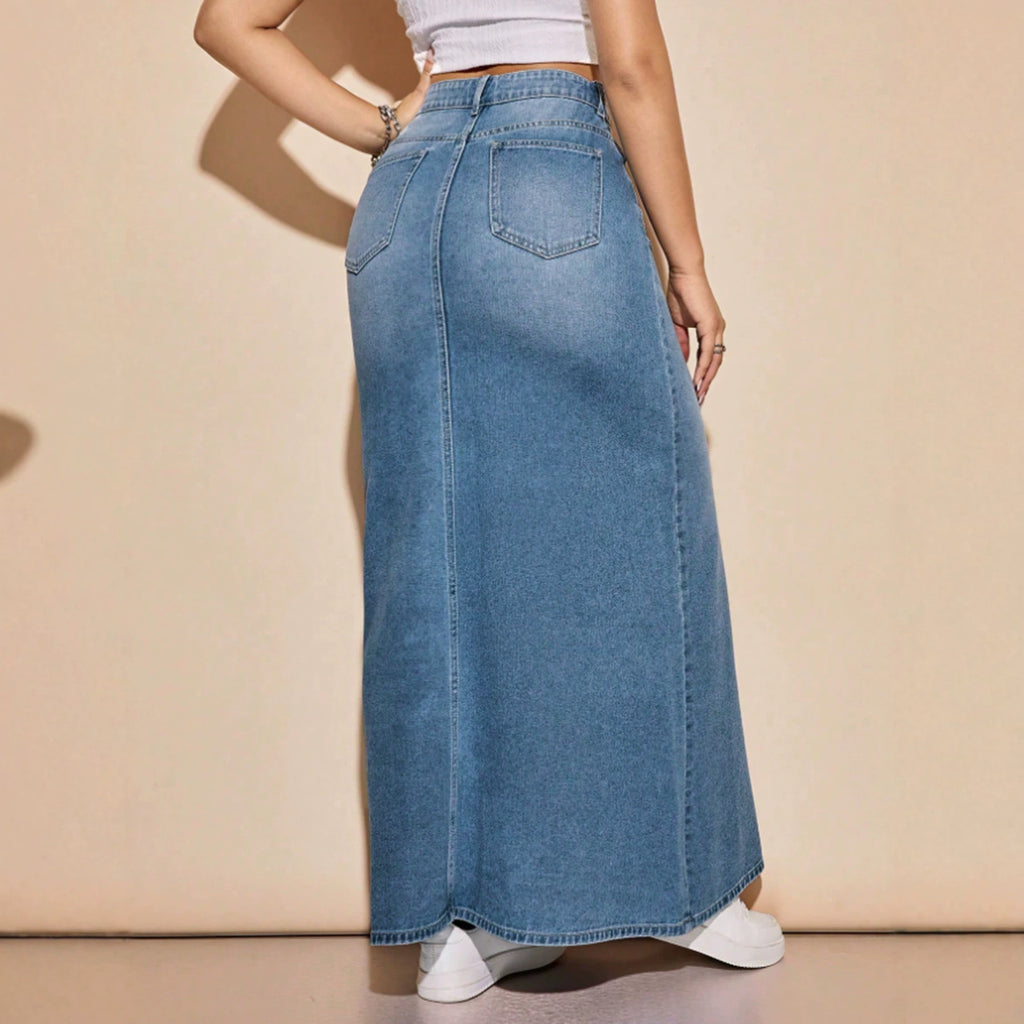 Washed Denim Long Skirt - Casual and Versatile