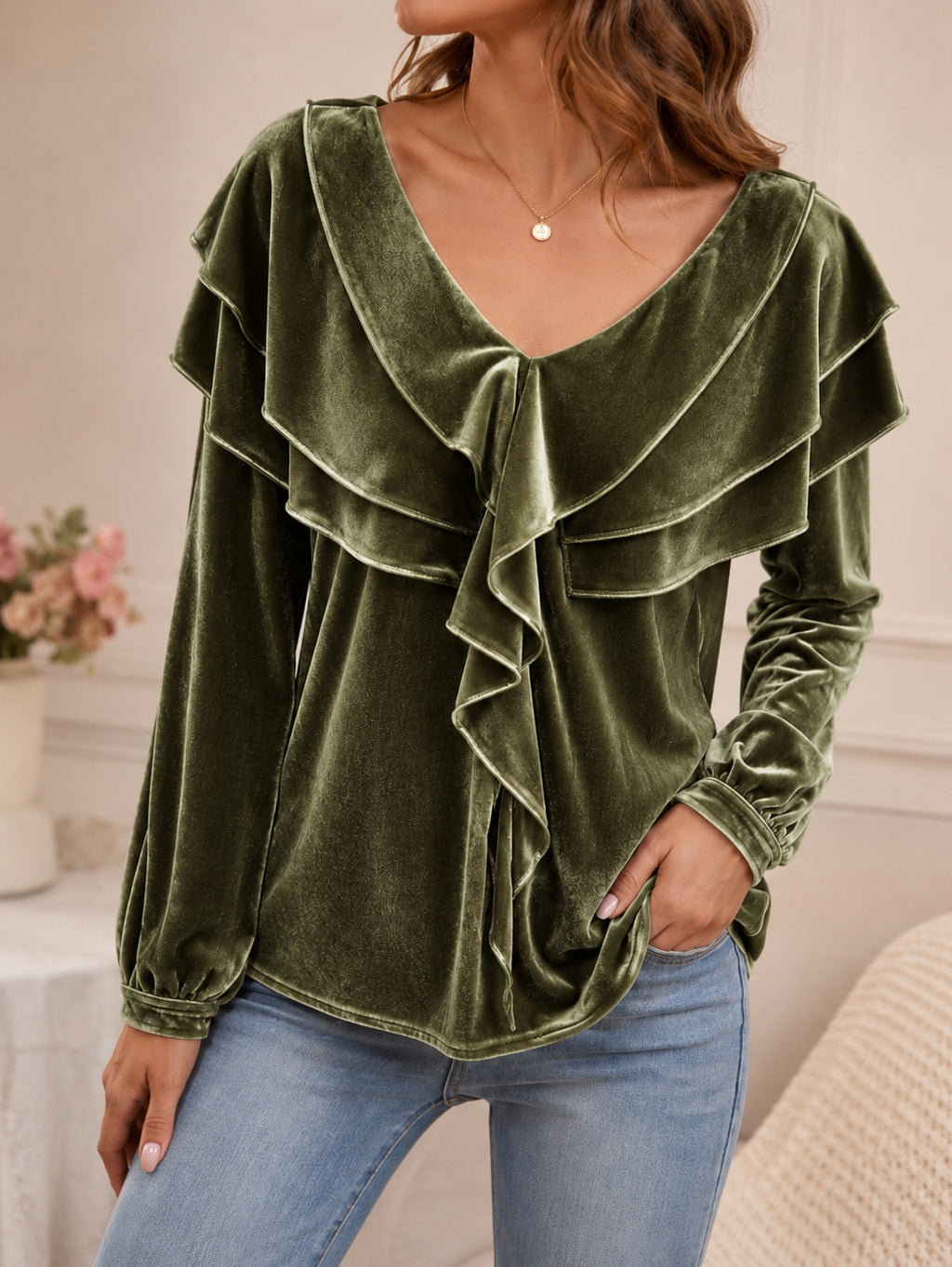 Women’s Velvet V-Neck Ruffled Top – Elegant Chic Feminine Style
