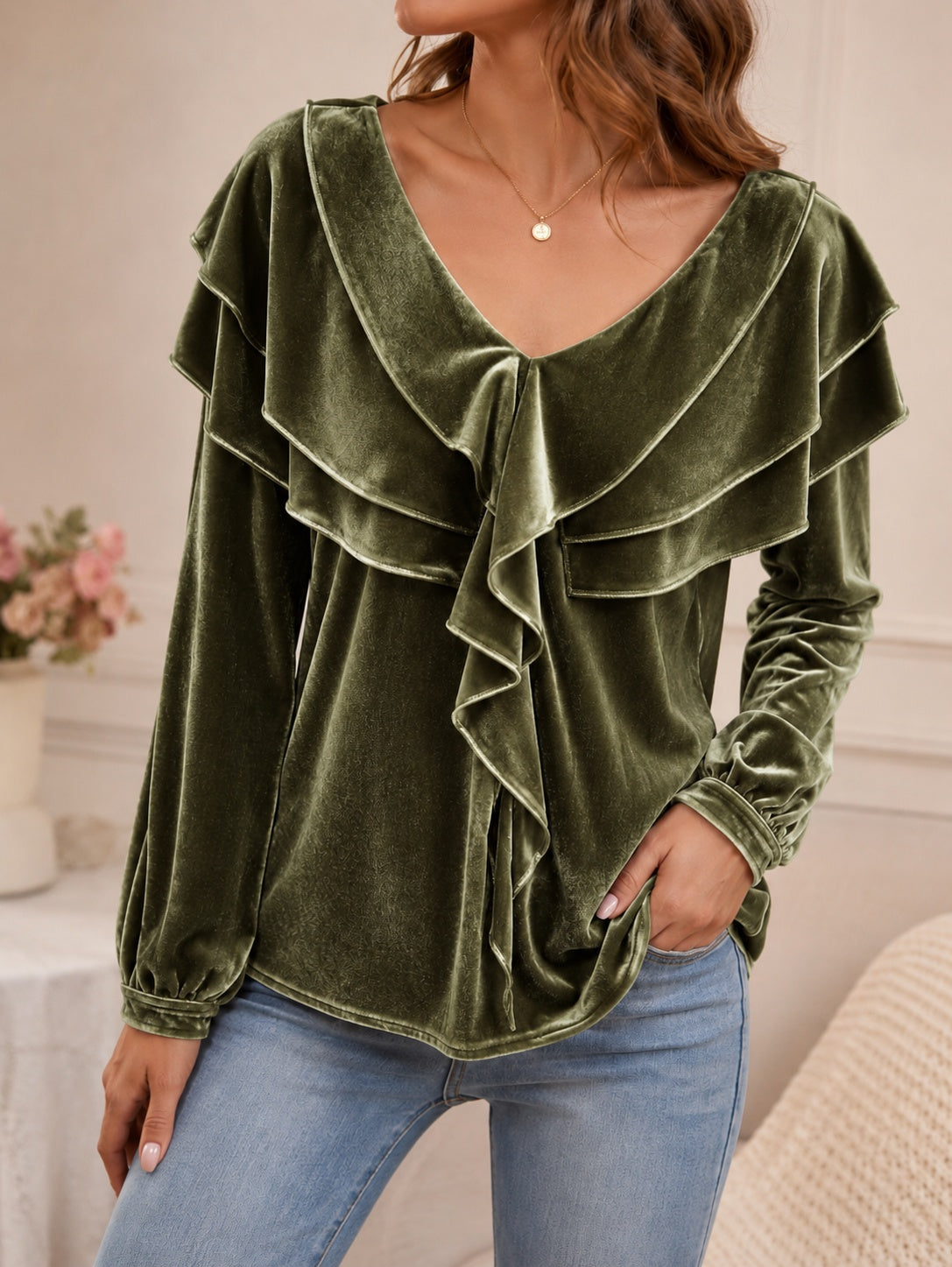 Women’s Velvet V-Neck Ruffled Top – Elegant Chic Feminine Style