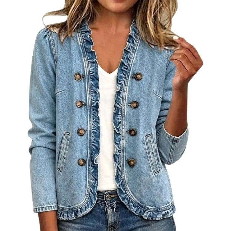 Women's Denim Jacket With Flounced Hem - Soft Casual Button Front Layer