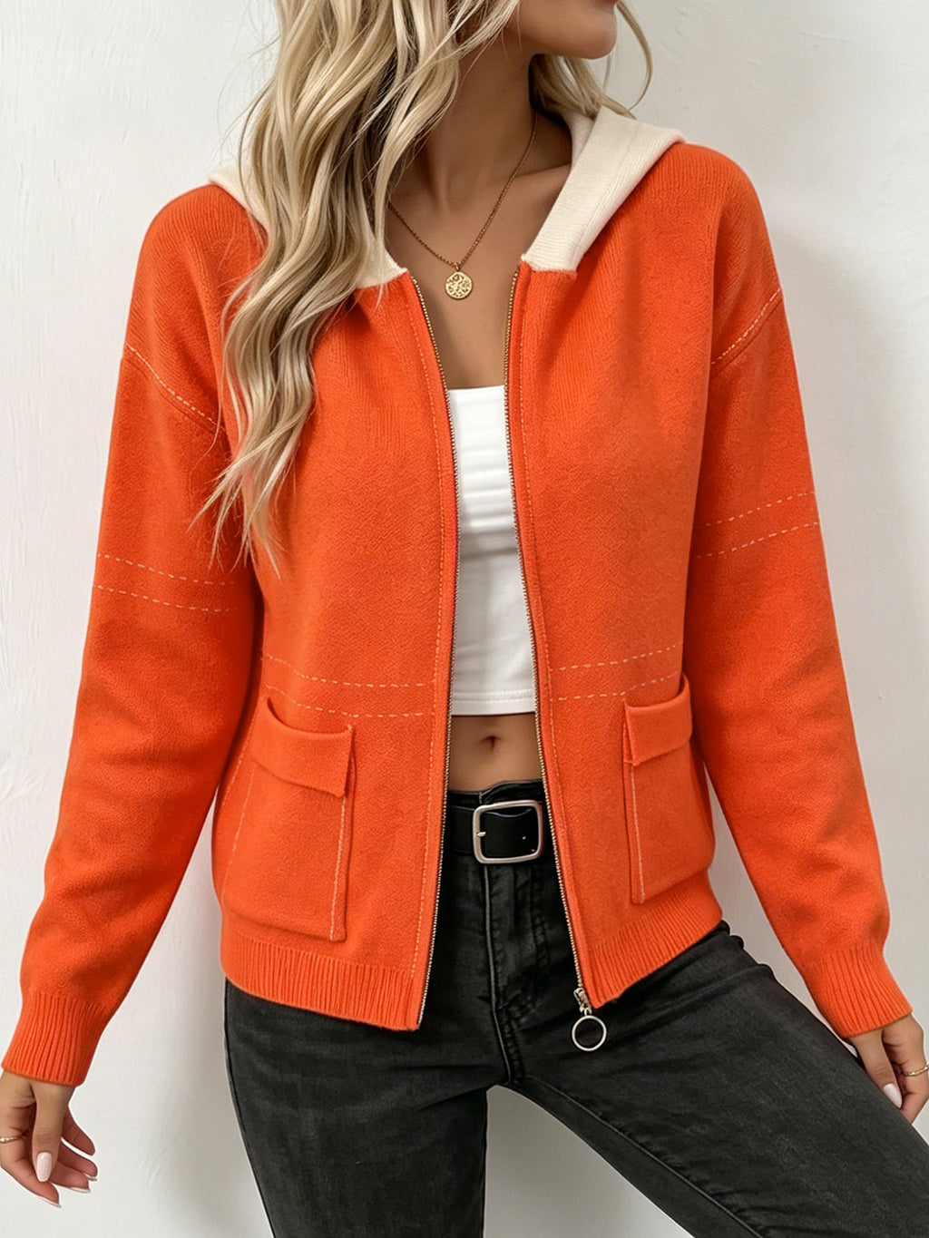 Zip-Up Hooded Knit Cardigan - Cozy and Casual