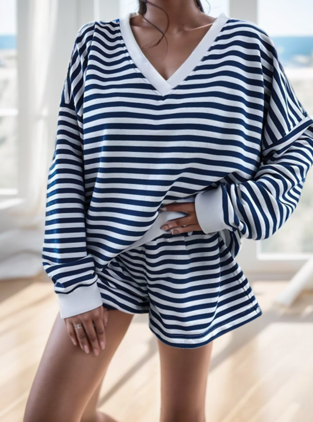 Women’s Premium Striped Two-Piece Set – Long-Sleeve Top and Lounge Pants