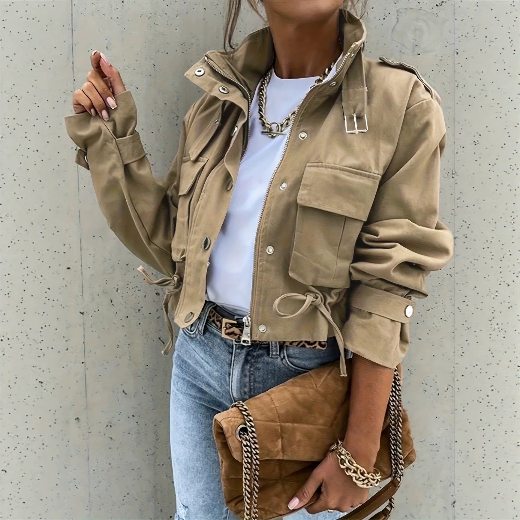 Women's Stand Collar Biker Jacket - Lightweight Casual Statement Layer
