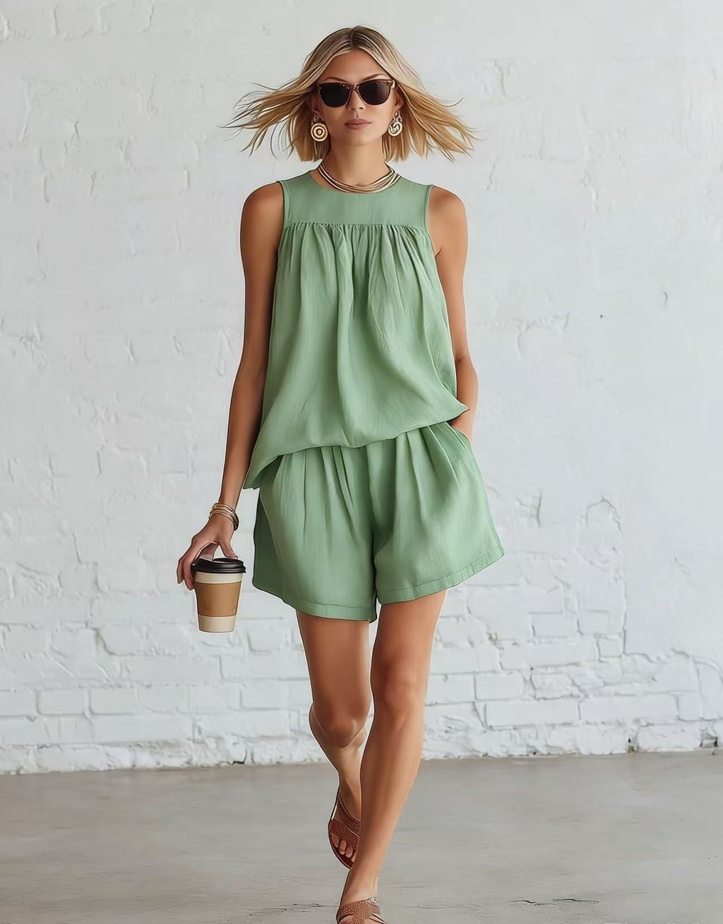 Women's Sleeveless Pleated Top and Wide-Leg Shorts Set – Effortless Summer Co-Ord Style