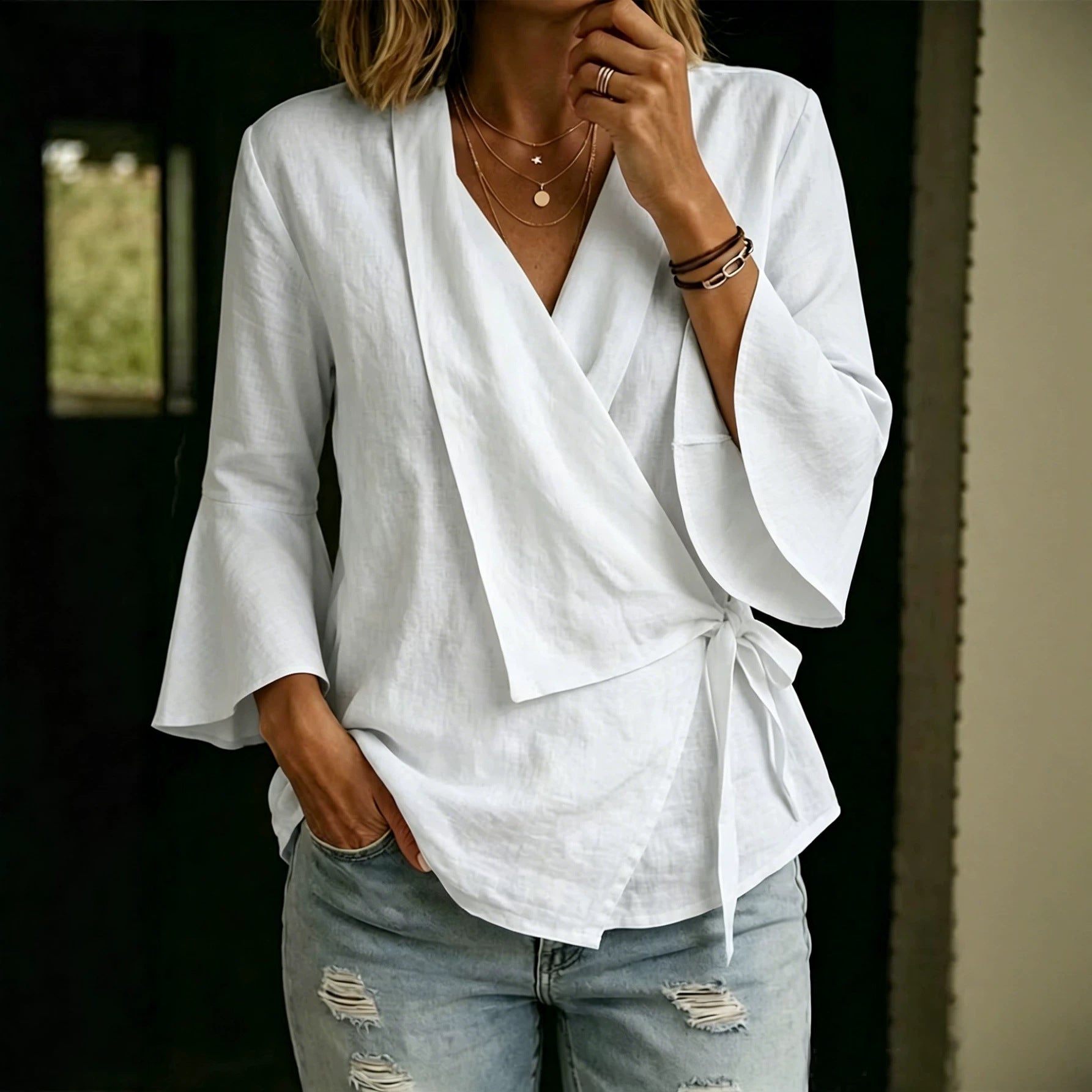 Women's Asymmetrical Tie Blouse - Flared Sleeve Notch Lapel Top