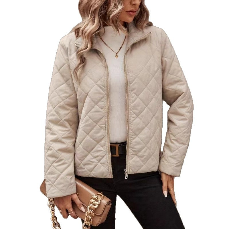Women’s Diamond Pattern Long Sleeve Coat – Solid Color Lapel Relaxed Fit Style