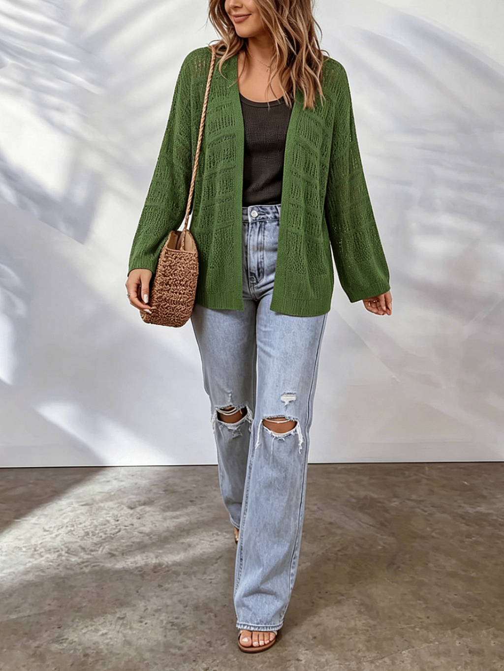 Women's Hollow Out Knit Cardigan - Lightweight Open Front Layer