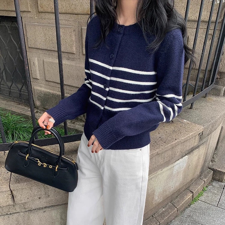 Women's Striped Crewneck Cardigan Sweater - Easy Casual Knit