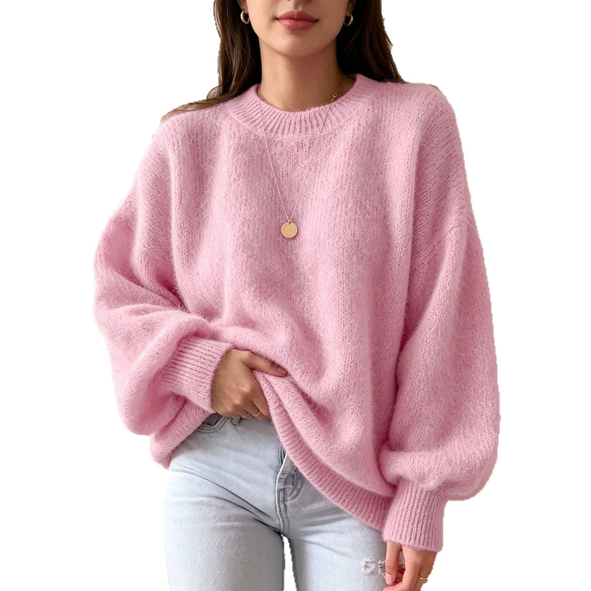 Round-Neck Loose Knit Sweater - Soft and Comfortable