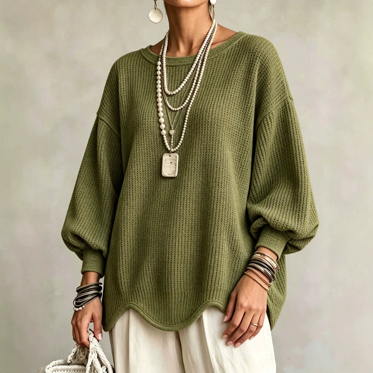 Women's Top - Round Neck, Lantern Sleeves and Wavy Hem