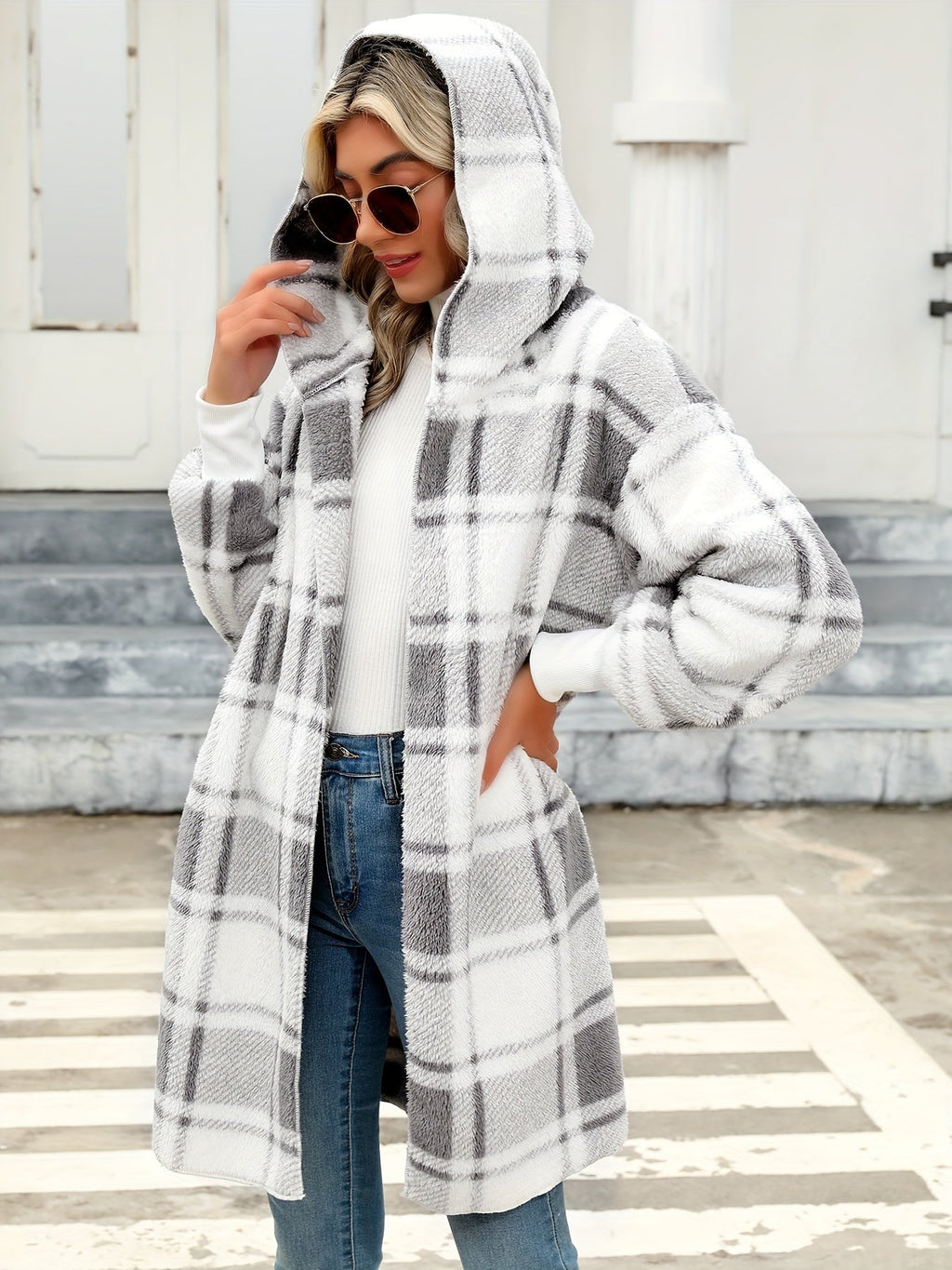 Women’s Plaid Hooded Cardigan – Warm Casual Knit