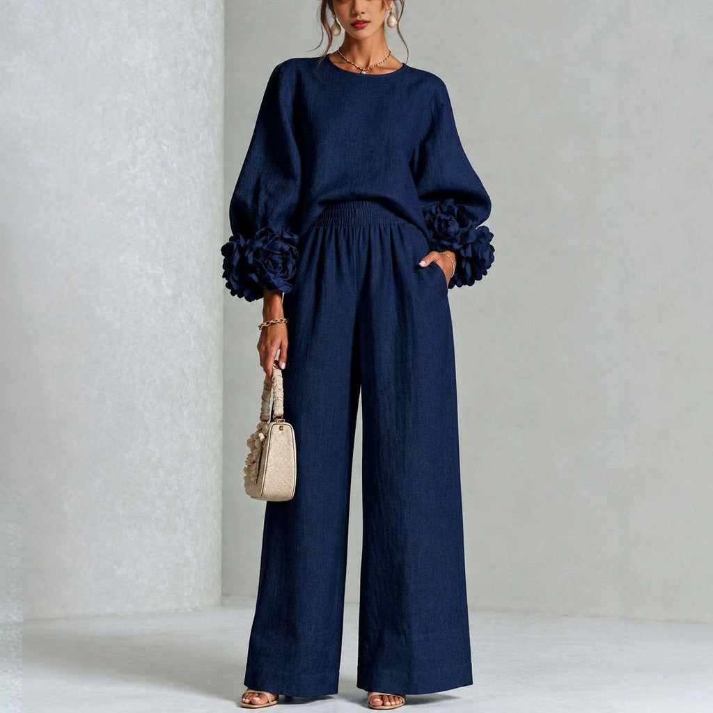 Women's Floral Cuff Two Piece Set - Relaxed Wide Leg Lounge Outfit