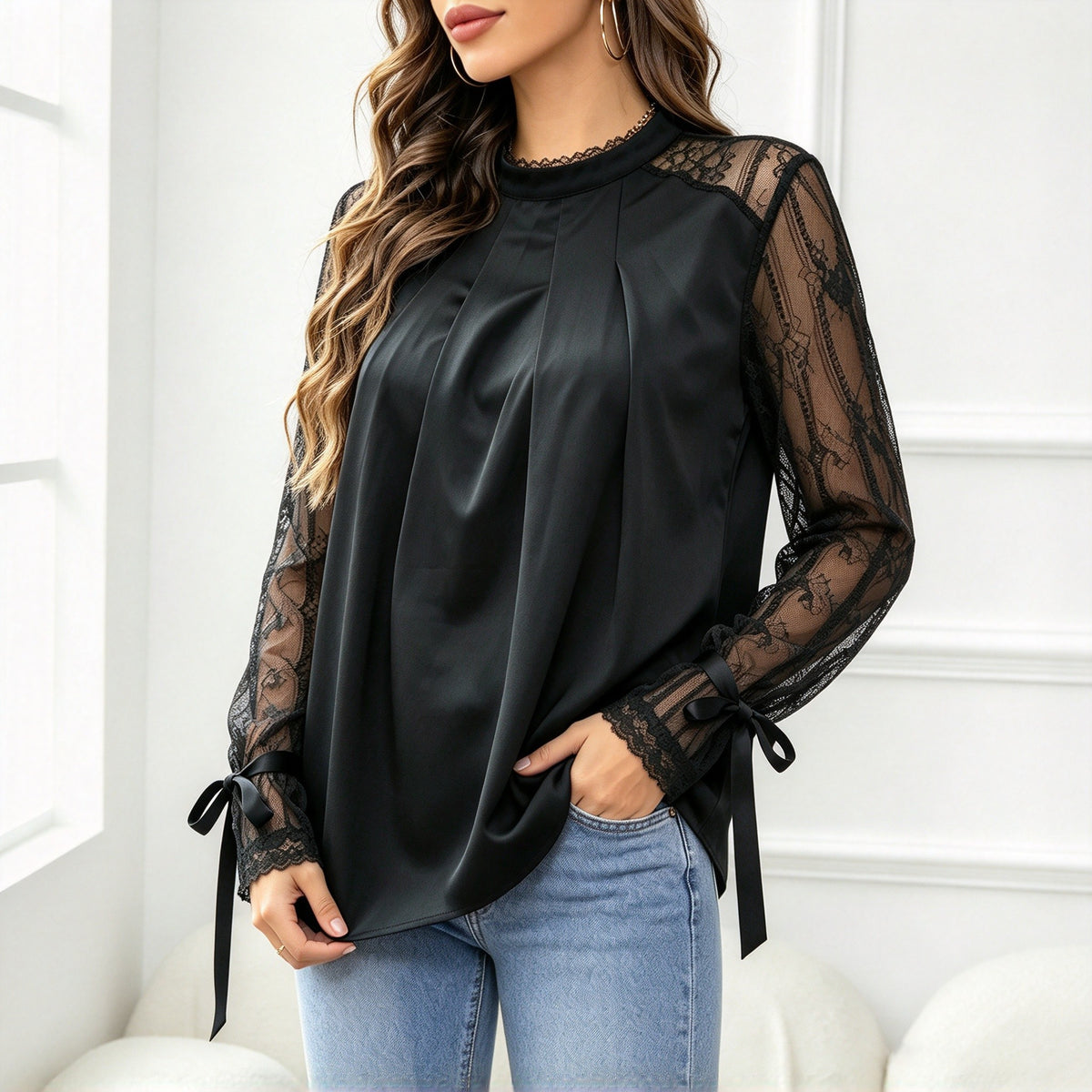 High-Neck Pleated Lace Blouse - Elegant and Refined