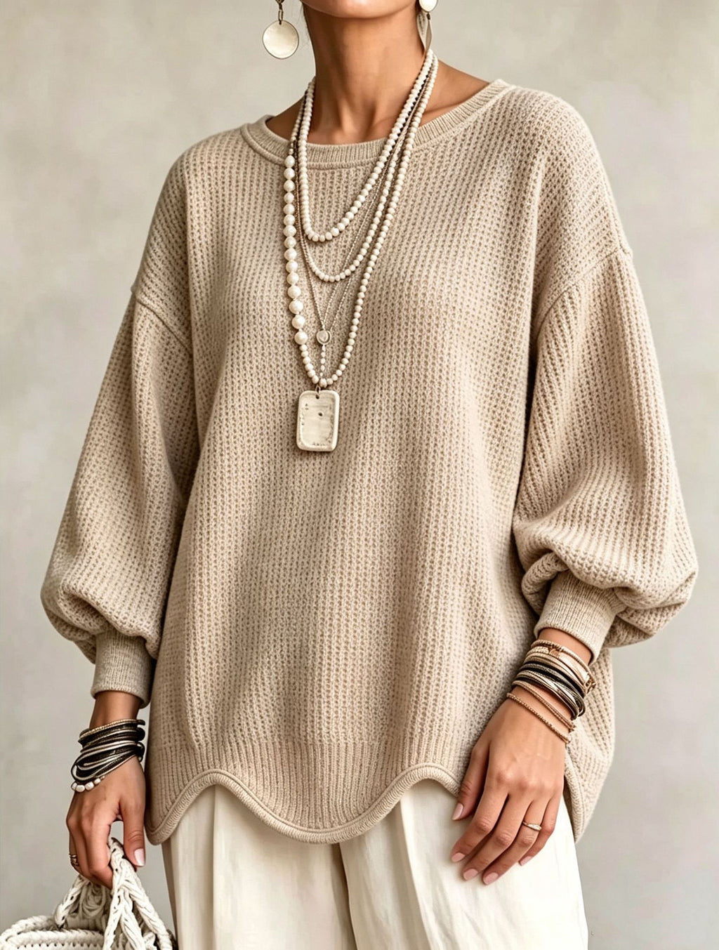Women's Top - Round Neck, Lantern Sleeves and Wavy Hem