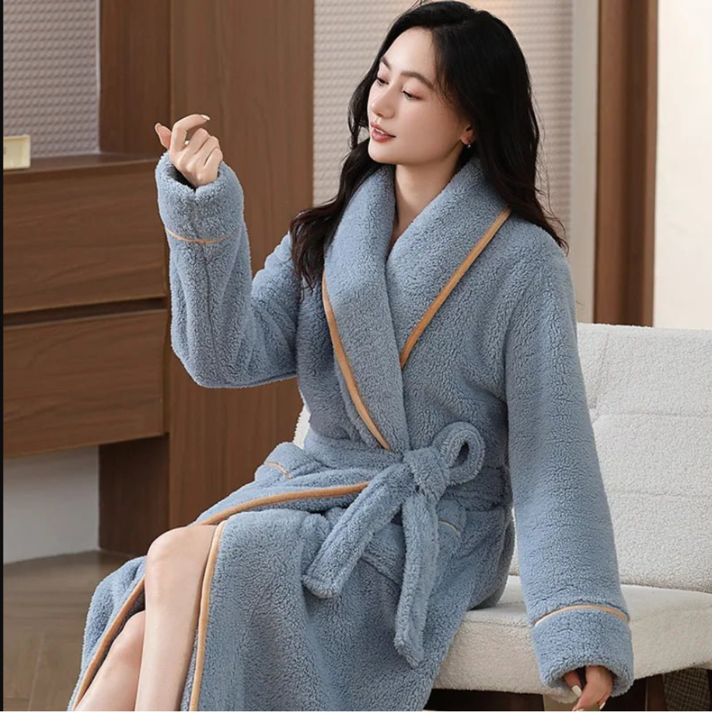 Women’s Long Jacquard Fleece Bathrobe – Thickened Coral Plush Robe with Belt