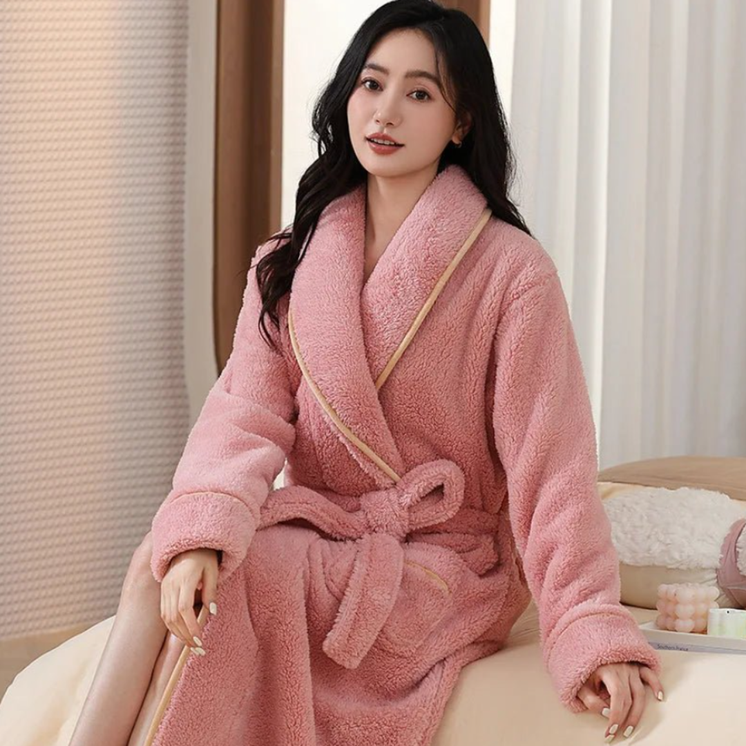 Women’s Long Jacquard Fleece Bathrobe – Thickened Coral Plush Robe with Belt