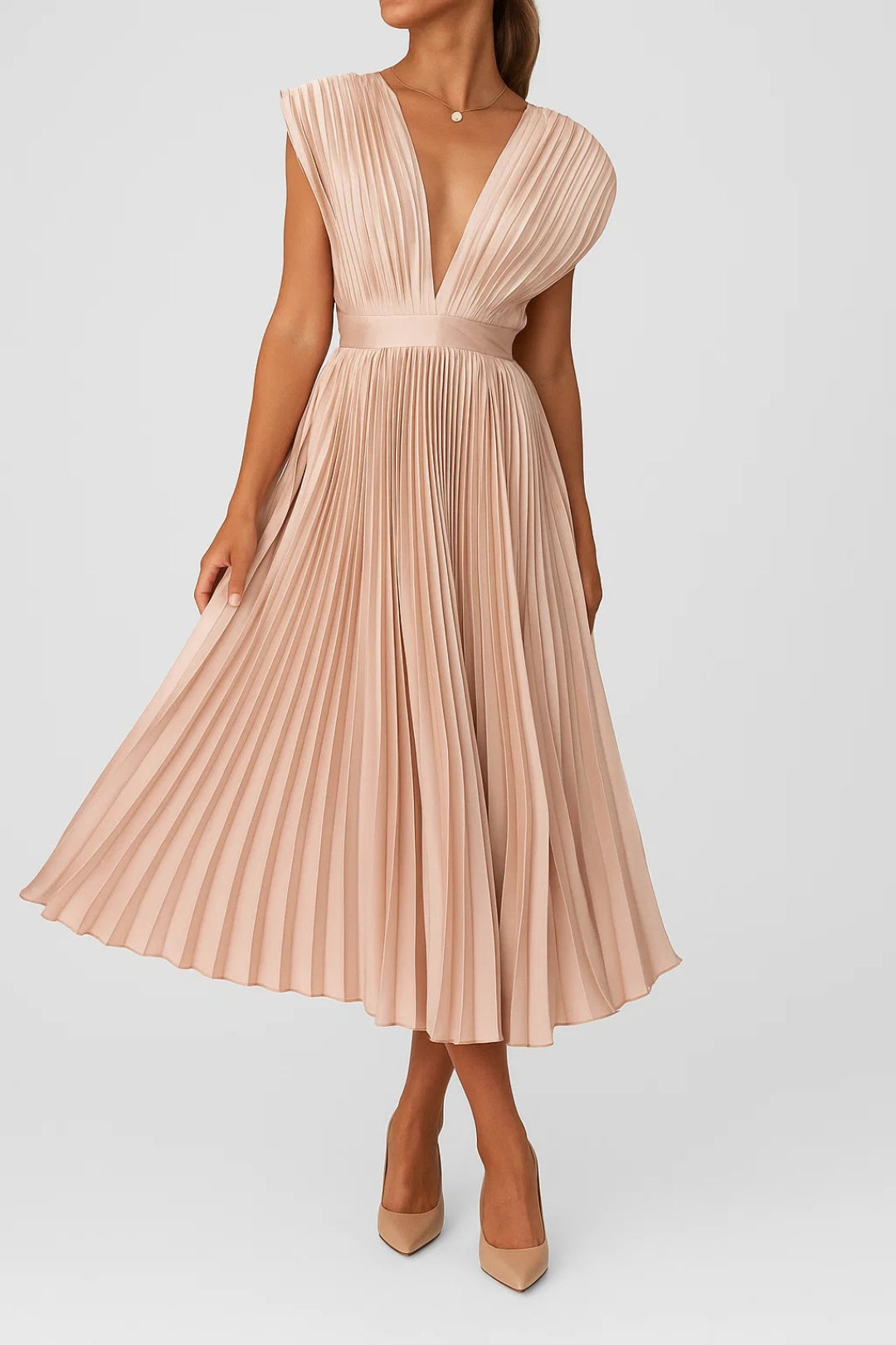 Women's Pleated Midi Dress – Elegant V Neck Occasion Dress